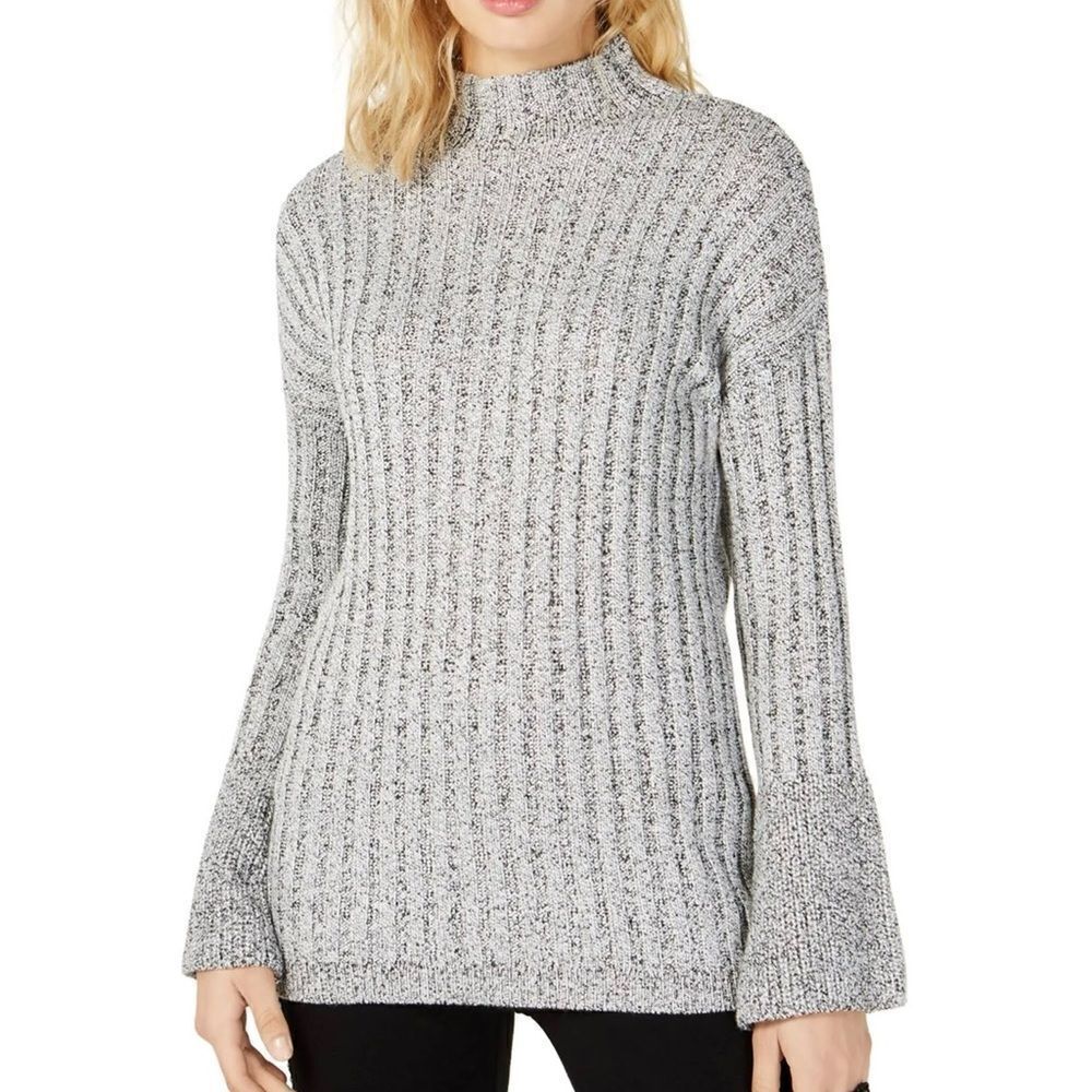 INC International Concepts Bell Sleeve Mock Neck Tunic Sweater Grey Fleck XL